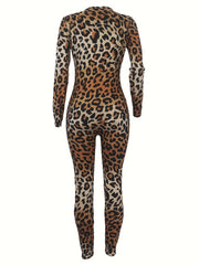 Leopard Lounge Jumpsuit Long Sleeve V Neck Buttons Jumpsuit
