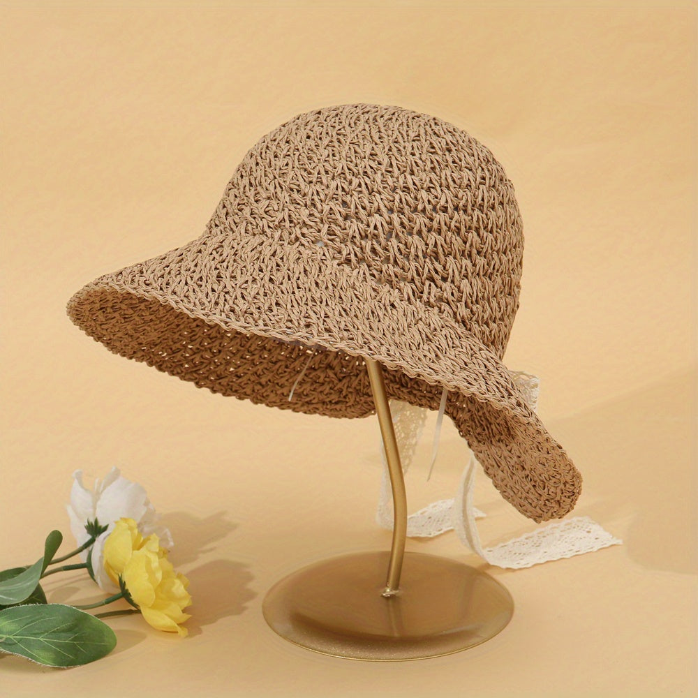 Crochet Floppy Sun Hat Khaki UV Protection Straw Hat