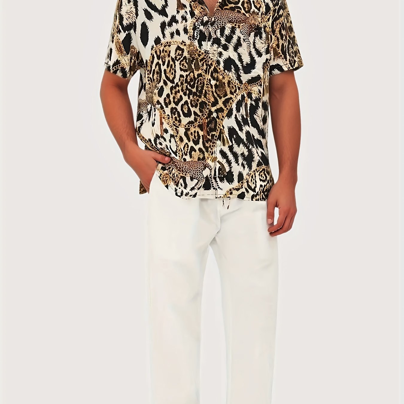 Men's Leopard Print Camp Collar Bowling Shirt Short Sleejsons Disco Closure