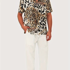 Men's Leopard Print Camp Collar Bowling Shirt Short Sleejsons Disco Closure