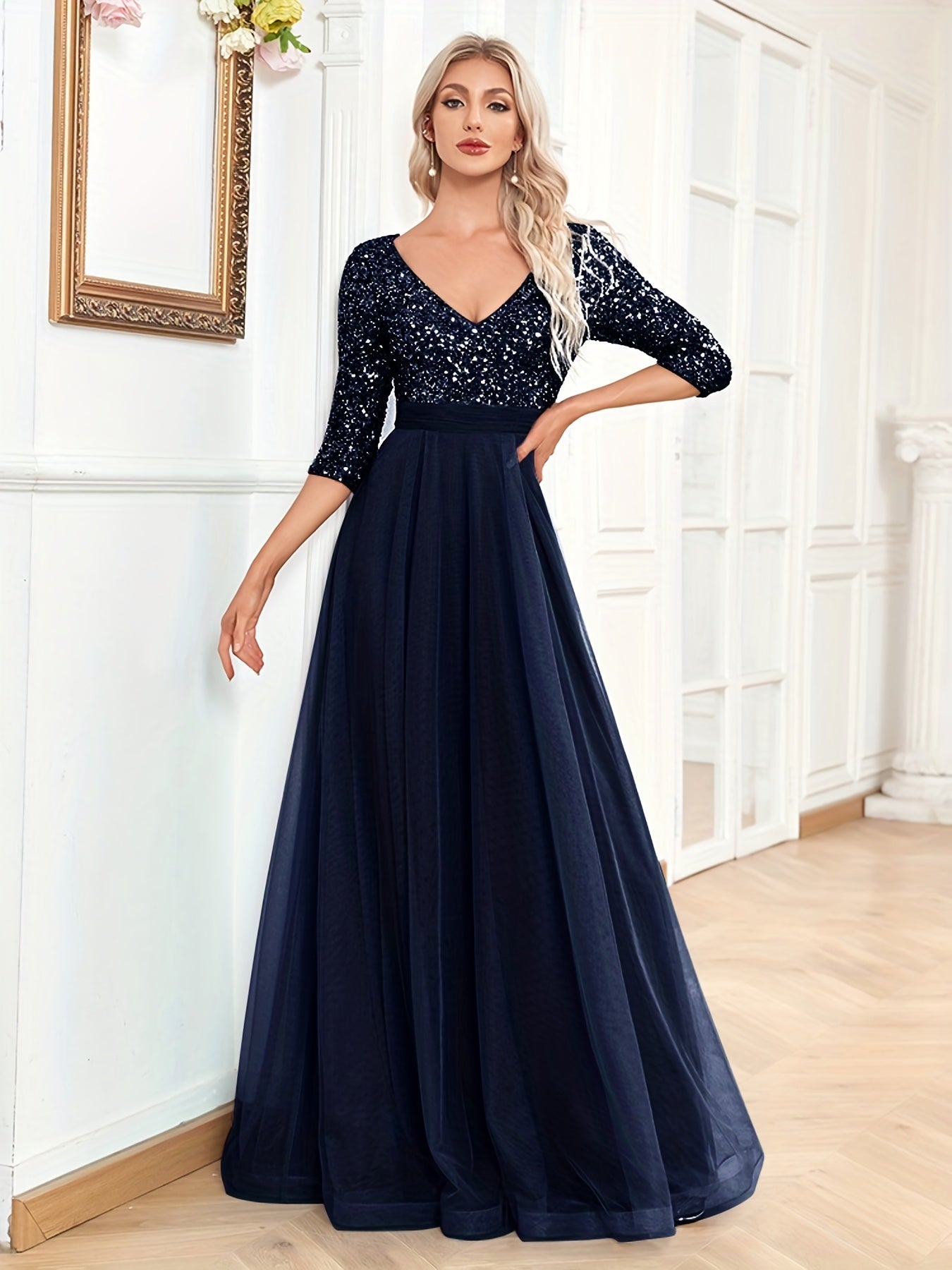 V Neck Sequin Long Dress Chiffon Sleeve Waist Evening Gown