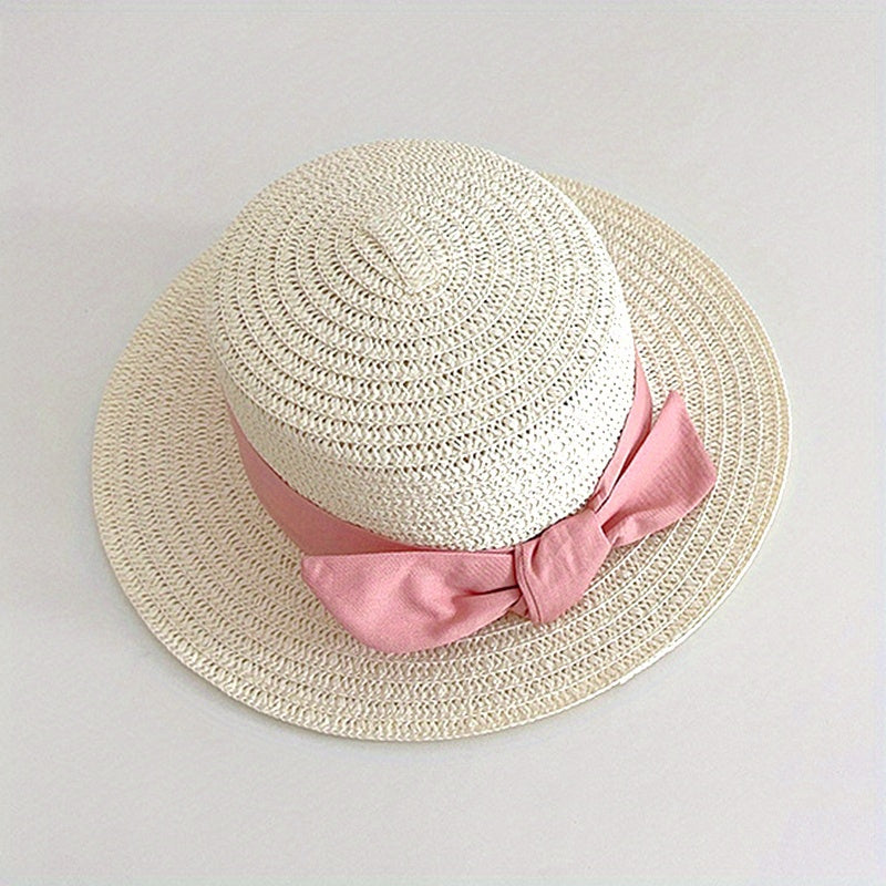 Kids Straw Hat Bowtie Decor Flat Beach Sun Hat