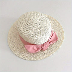 Kids Straw Hat Bowtie Decor Flat Beach Sun Hat