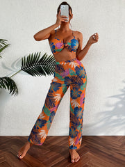 Plant Graphic Bikini Set with Cover Up Pant Swimsuit