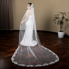 Bridal Veil with Floral Lace Trim and Flowing Train for Wedding