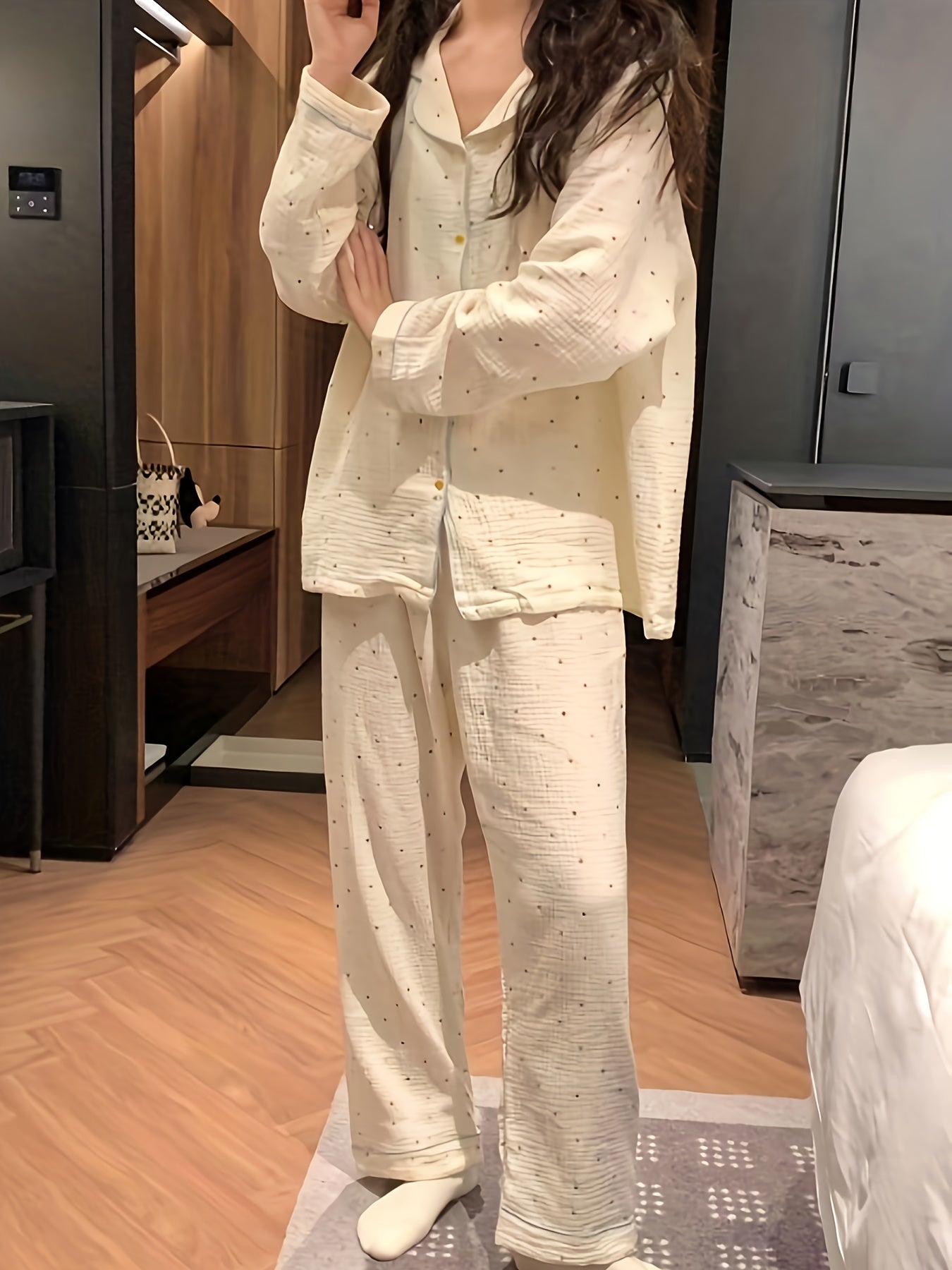 Dot Print Pajama Set Long Sleeve Top & Elastic Waistband Pants
