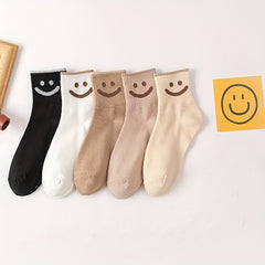 5 Pairs Smiling Print Crew Socks for Women