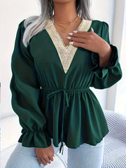 Women's Plus Solid Long Bell Sleeve Applique V Neck Drawstring Waist Blouse