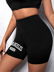 LA Print Biker Shorts High Waist Stretch Skinny Workout Yoga Shorts