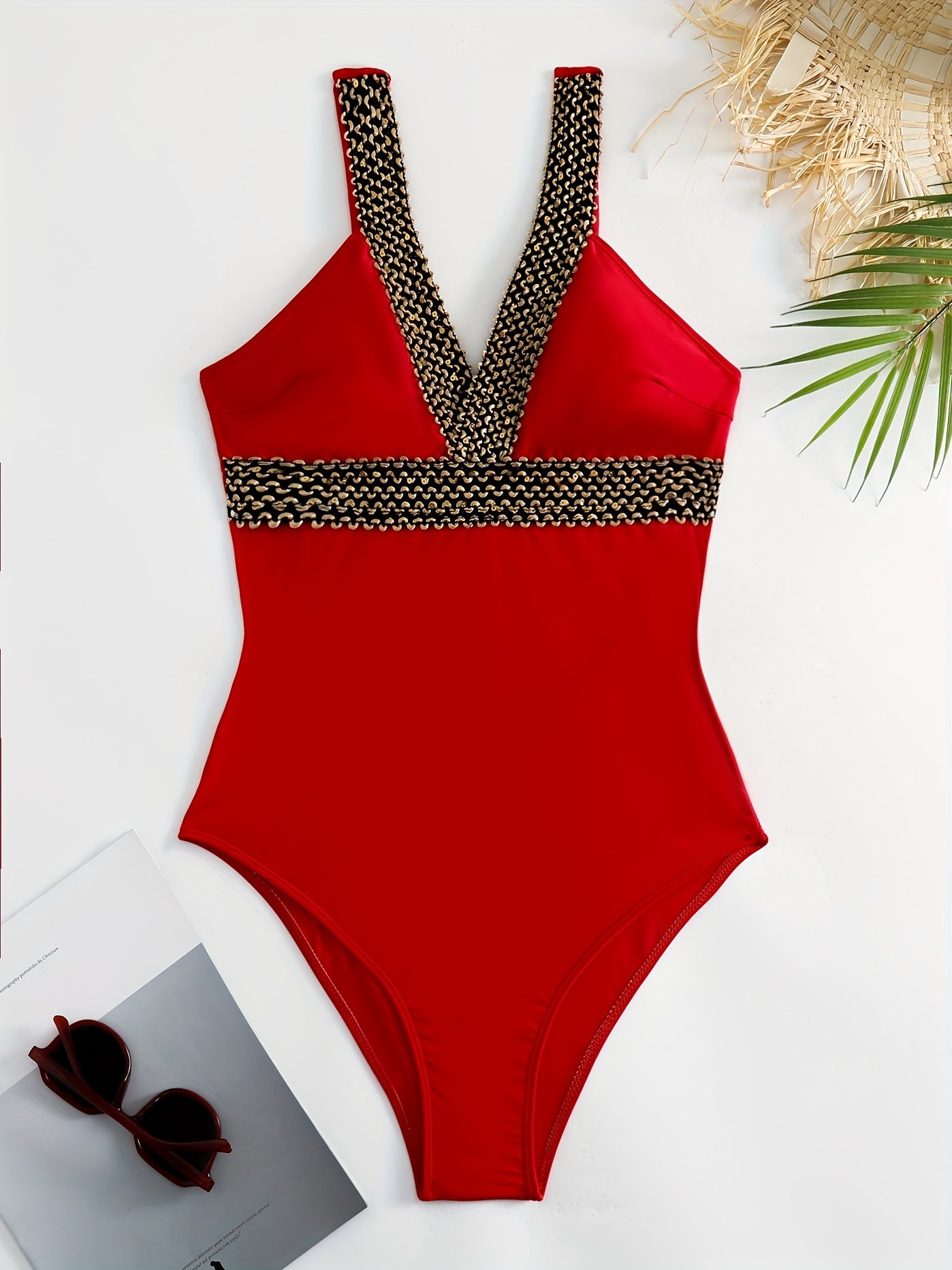 V Neck One Piece Swimsuit Contrast Band Backless High Cut Bathing Suit