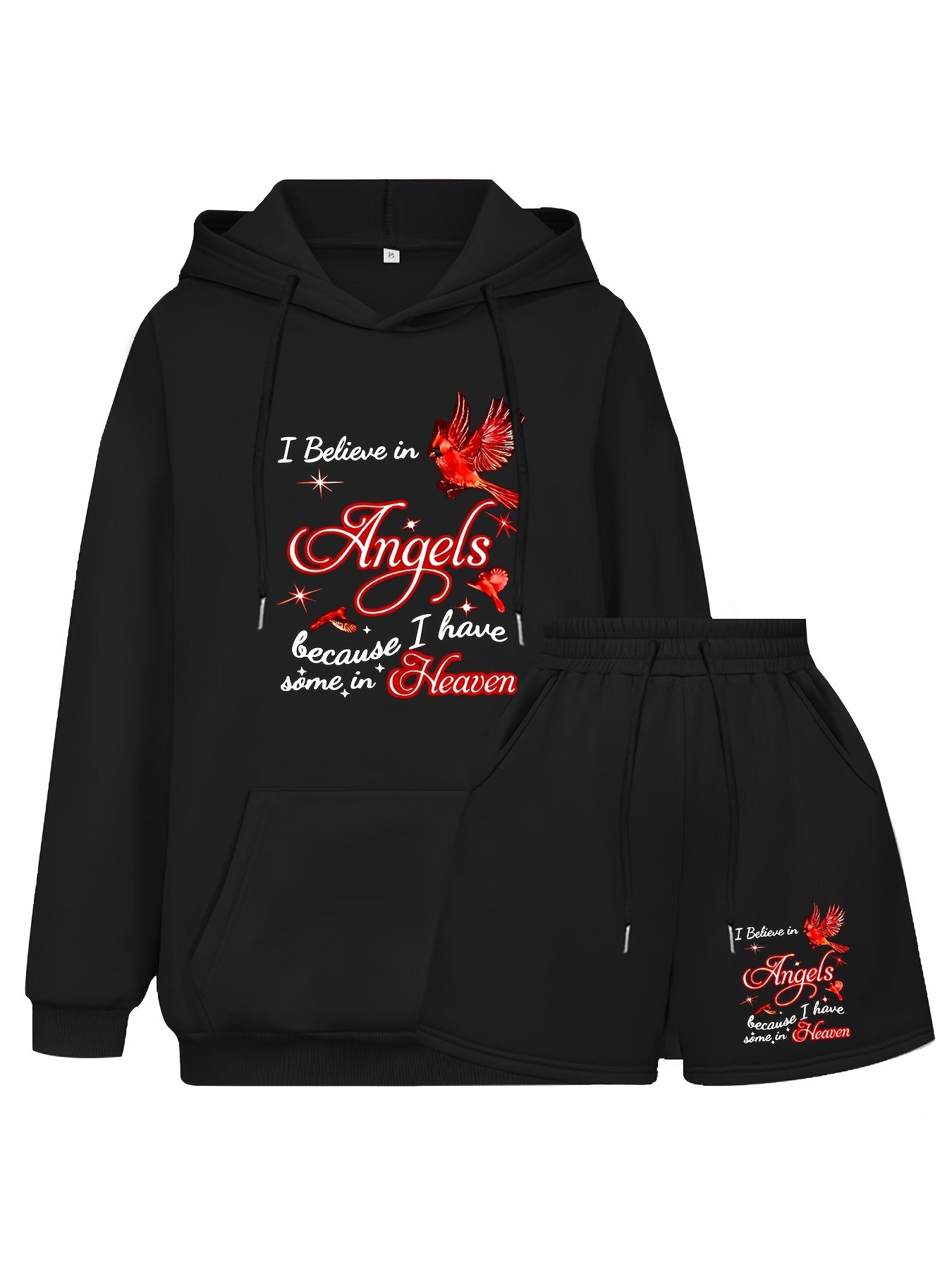 Women's Plus Size Slogan & Bird Print Hoodie & Shorts Set