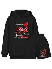 Women's Plus Size Slogan & Bird Print Hoodie & Shorts Set