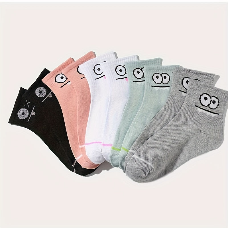 5 Pairs Cartoon Eyes Print Socks Crew Stockings Women's Hosiery