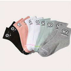 5 Pairs Cartoon Eyes Print Socks Crew Stockings Women's Hosiery