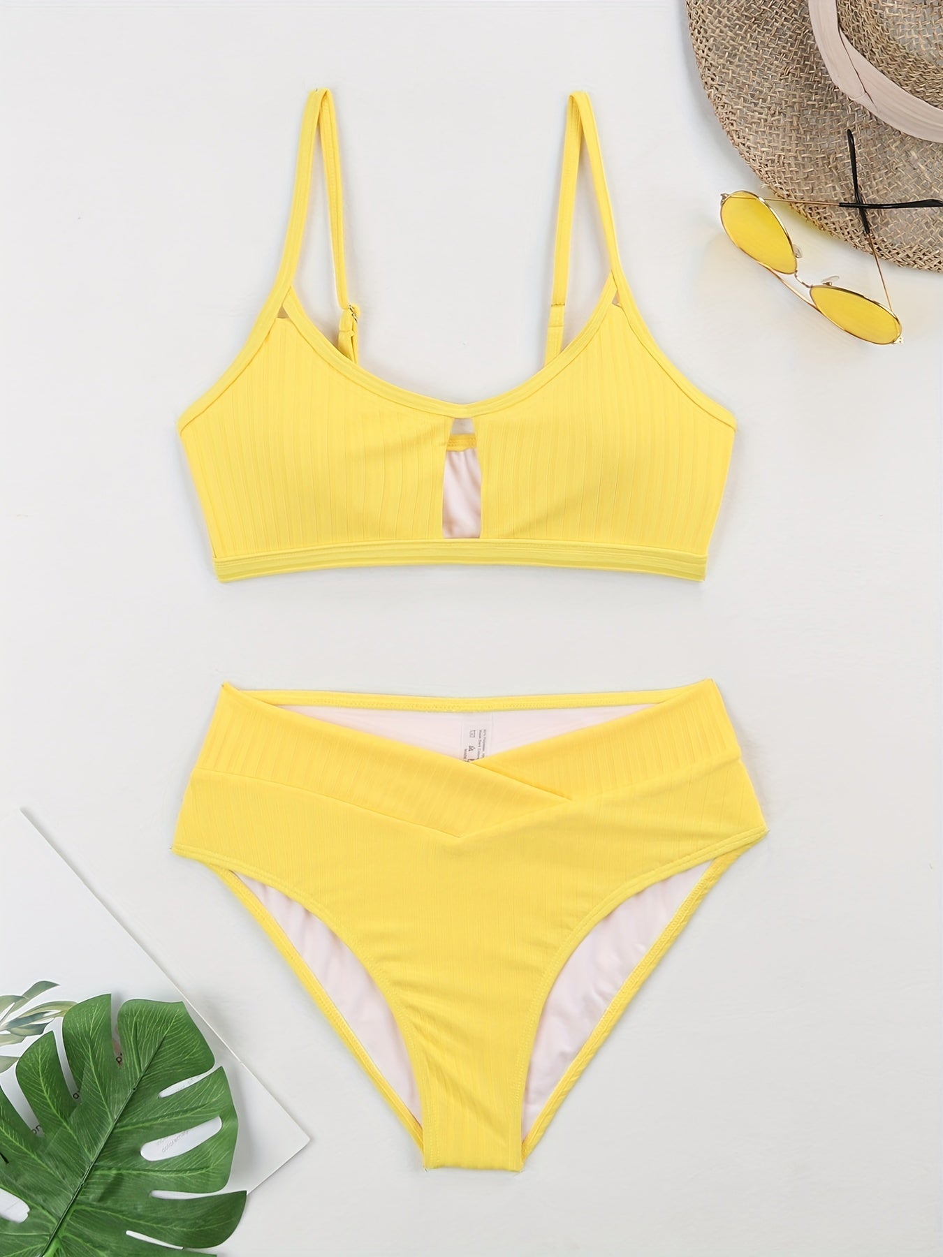 Solid V Neck Bikini Set High Cut Two Pieces Swimsuit