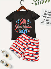 Boys 2pcs T shirt & Shorts Set ALL AMERICAN BOY Stripe Star Crew Neck Tee