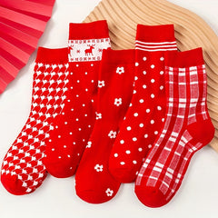 5 Pairs Christmas Graphic Print Mid Tube Women's Socks