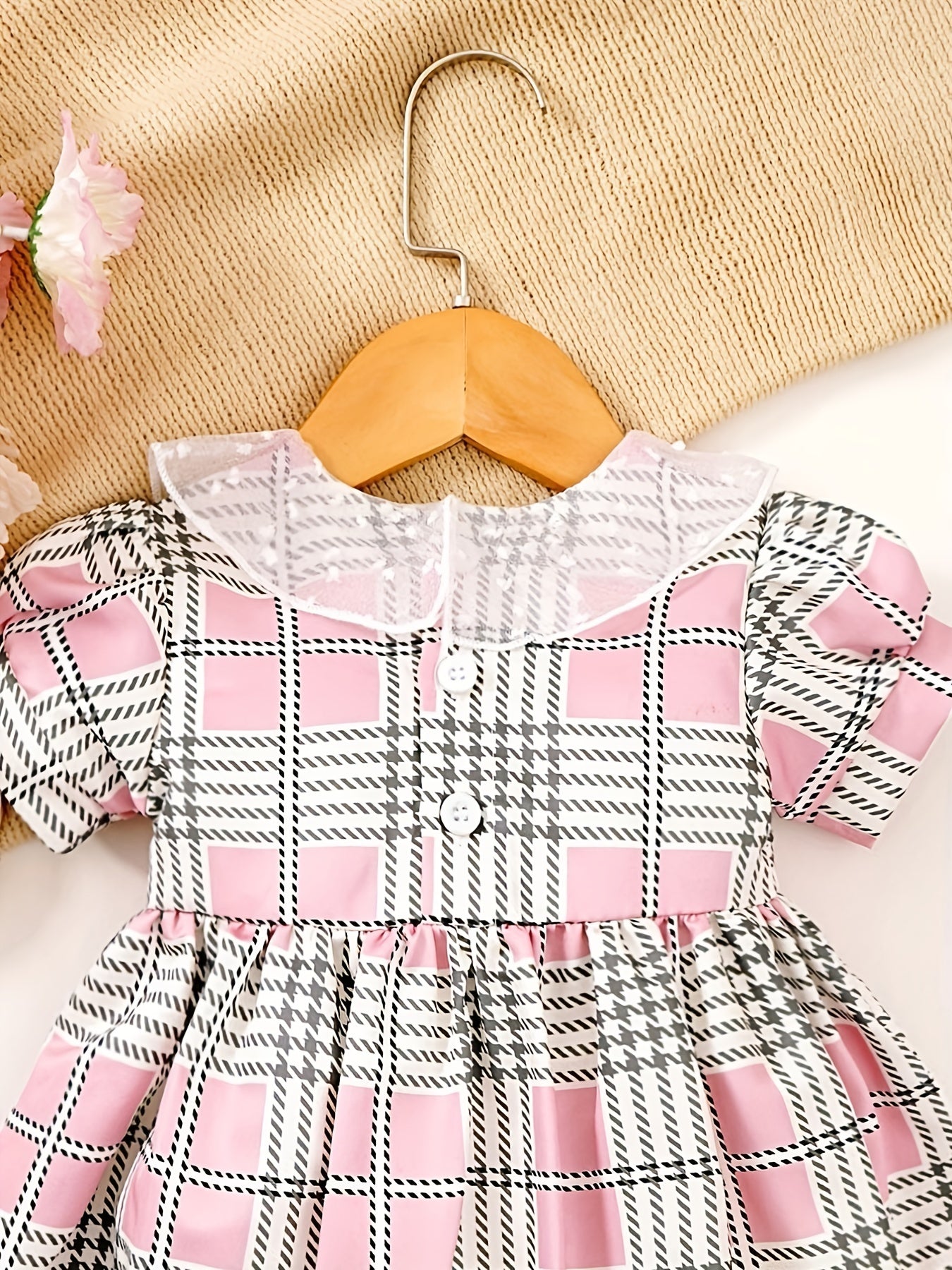 Baby Girls Plaid Dress with Puffy Sleeves and Bow