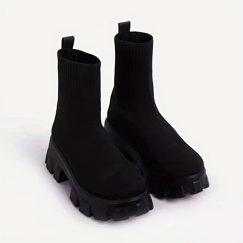 Women's Breathable Knit Platform Boots Slip On Combat Boots