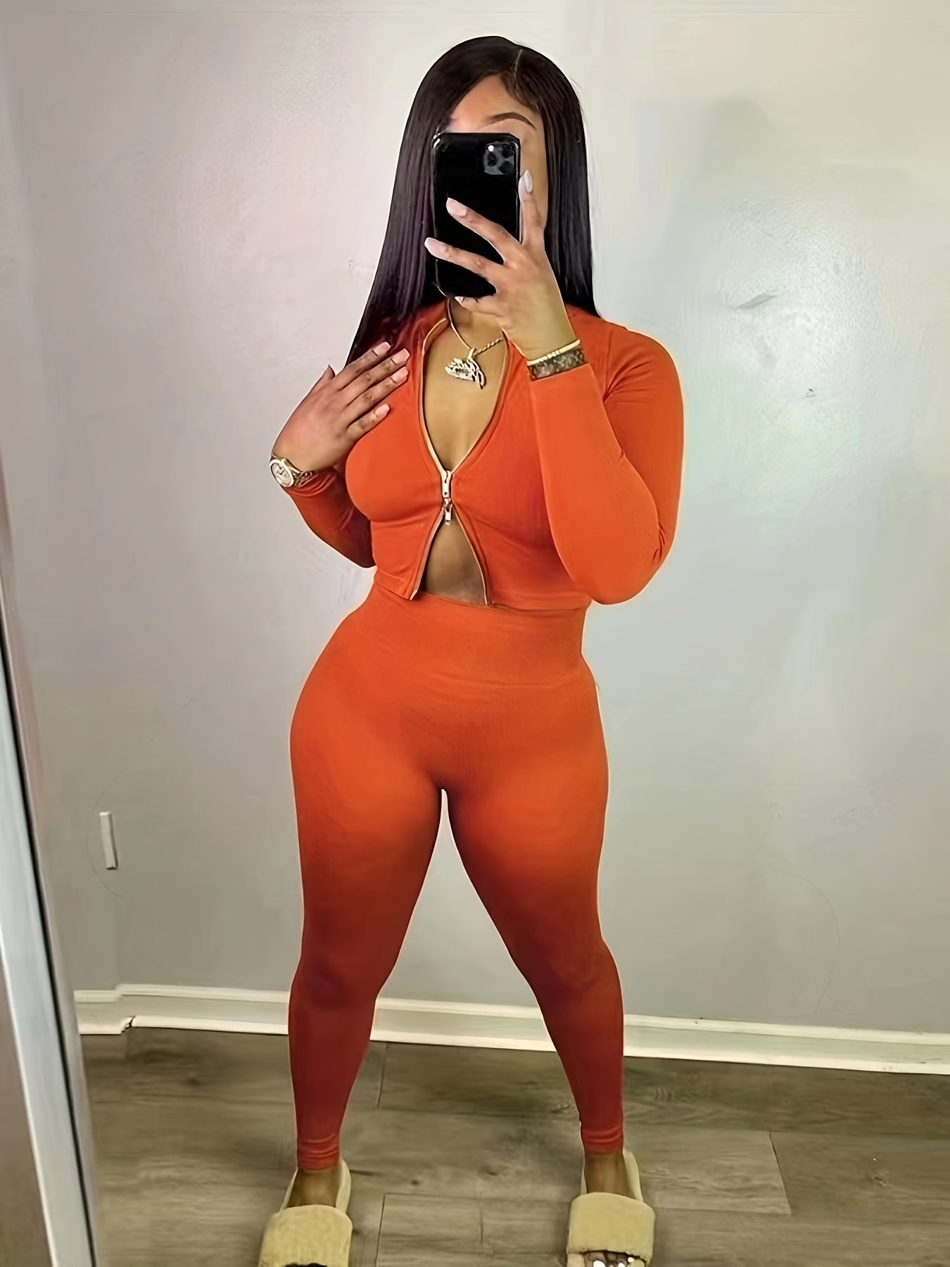 Casual Matching Two Piece Set Zip Up Slim Top & High Waist Pants Outfits
