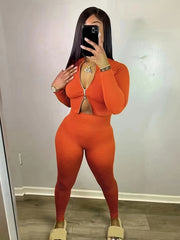 Casual Matching Two Piece Set Zip Up Slim Top & High Waist Pants Outfits