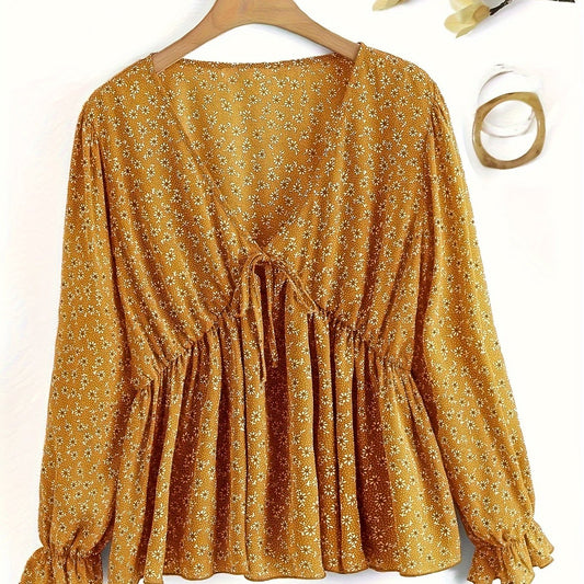 Boho Blouse Women Ditsy Floral Tie Front Flounce Sleeve Peplum Top