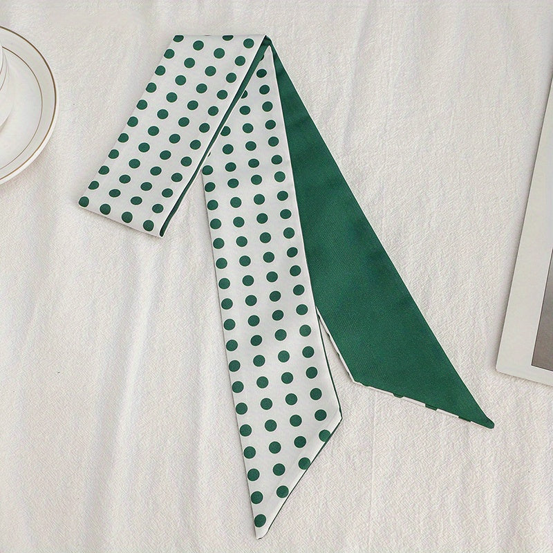 Green Dotted Print Skinny Scarf Hair Ribbon Neckerchief Satin Twilly Scarf