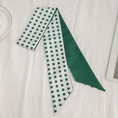 Green Dotted Print Skinny Scarf Hair Ribbon Neckerchief Satin Twilly Scarf