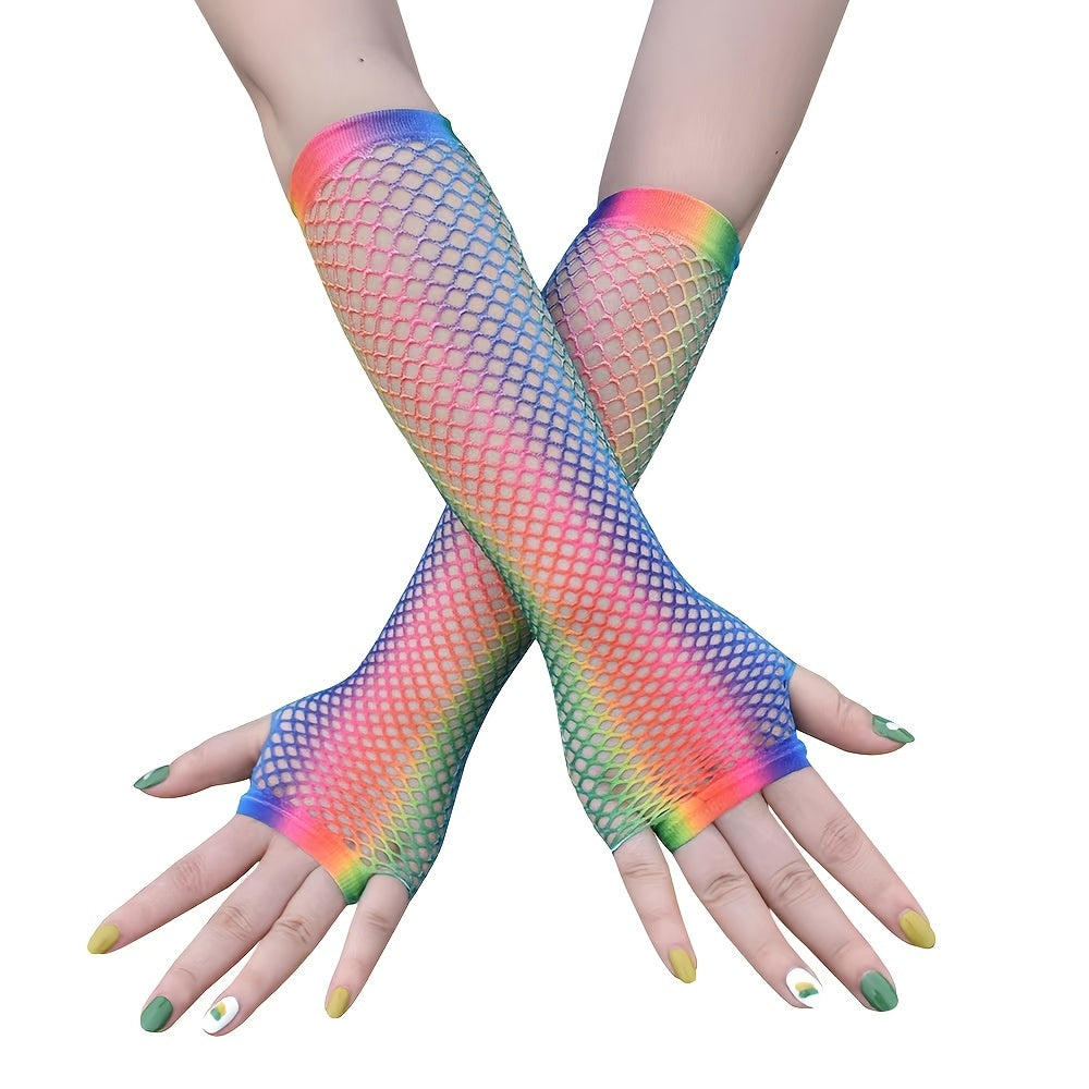 Rainbow Fishnet Party Gloves Punk Half Finger Nightclub Stretch Mesh Hip Hop