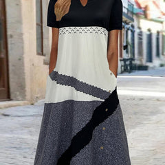 Geometric Print Colorblock Dress with Pockets