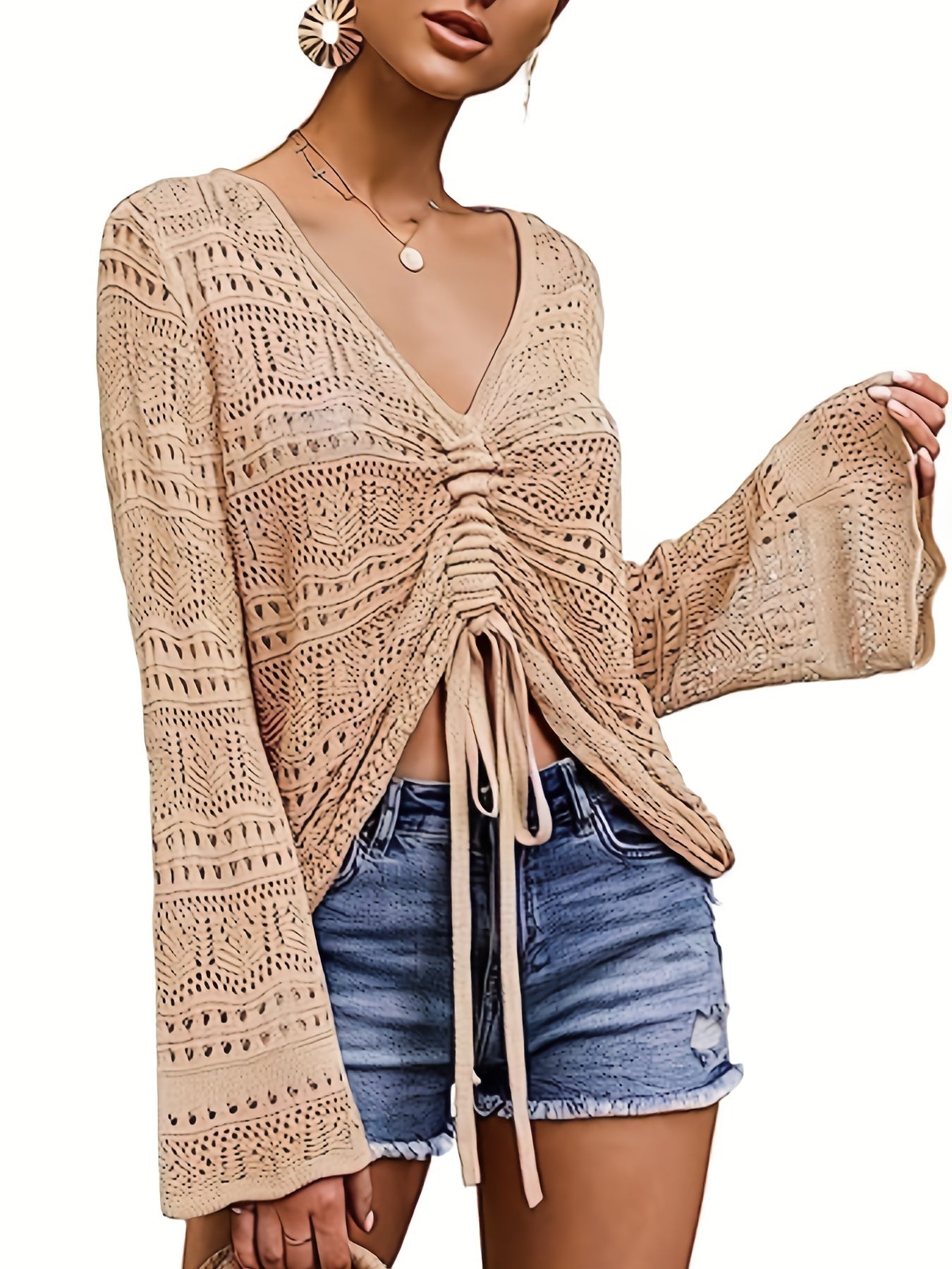 Boho V Neck Drawstring Sweater for Spring & Summer Women's Clothing