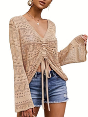 Boho V Neck Drawstring Sweater for Spring & Summer Women's Clothing