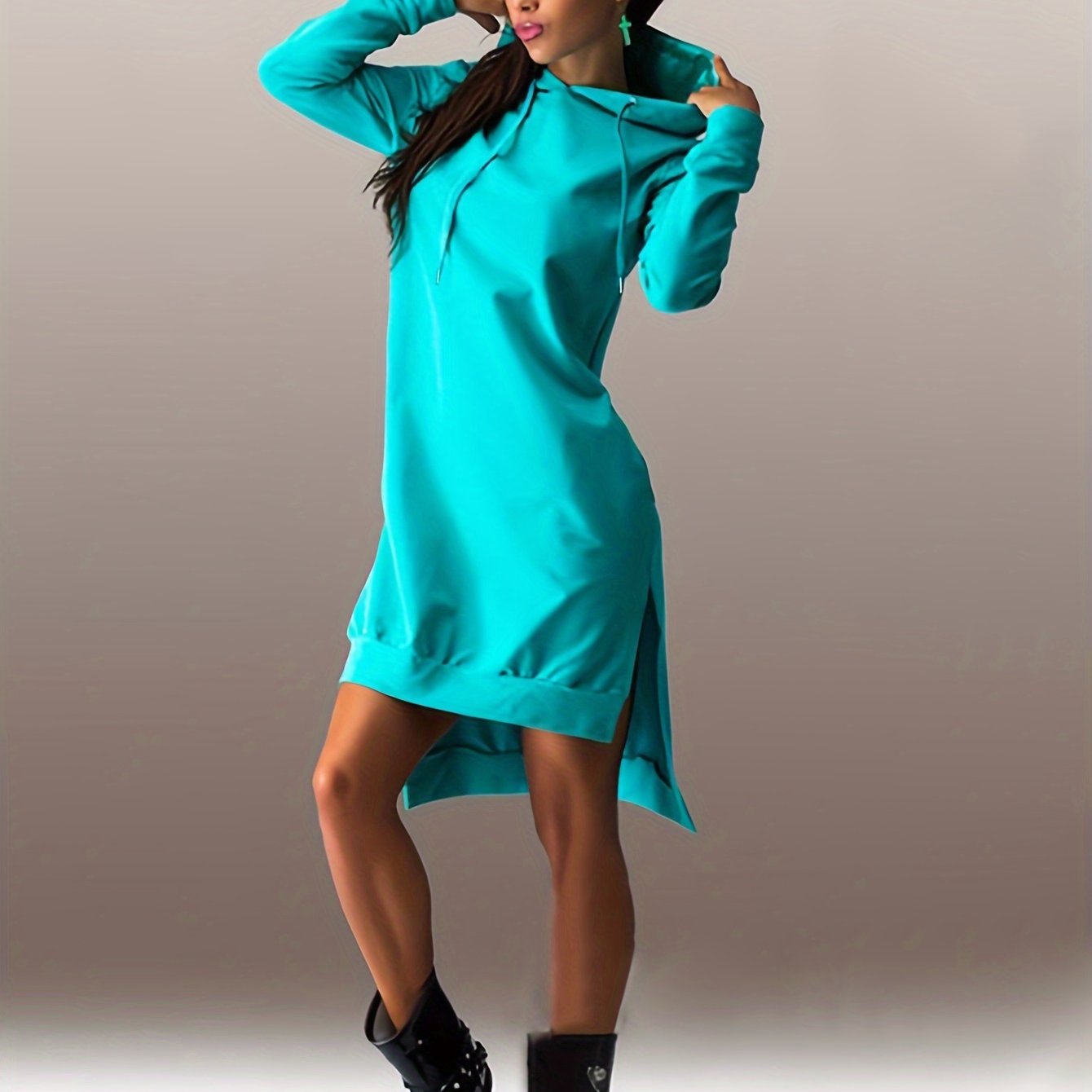 Solid Long Sleeve Hooded Sweatshirt Dress Plus Size