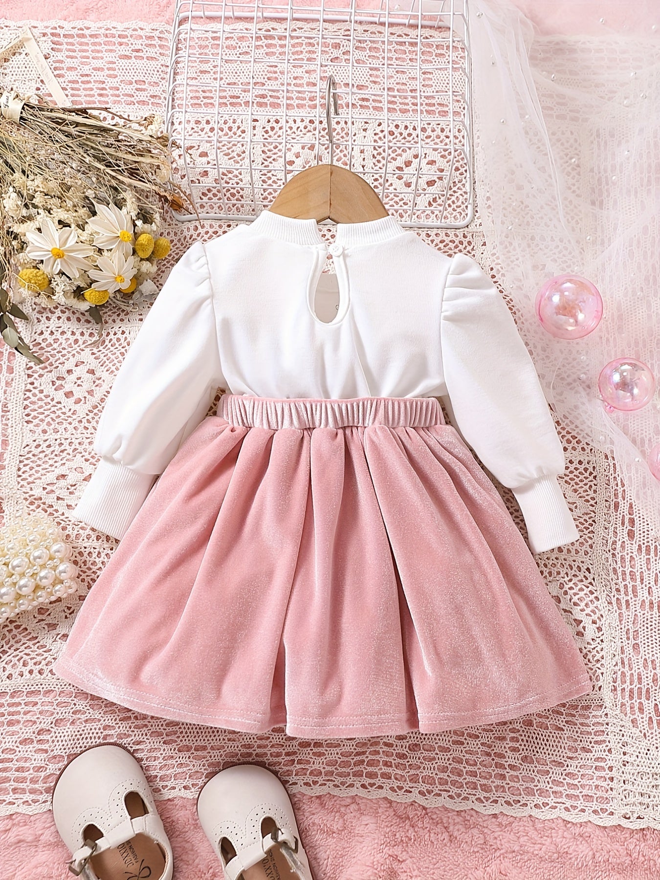 Sweet & Baby Girls Princess Dress Long Sleeve Top Velvet Skirt With Big Bow Back