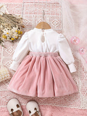Sweet & Baby Girls Princess Dress Long Sleeve Top Velvet Skirt With Big Bow Back