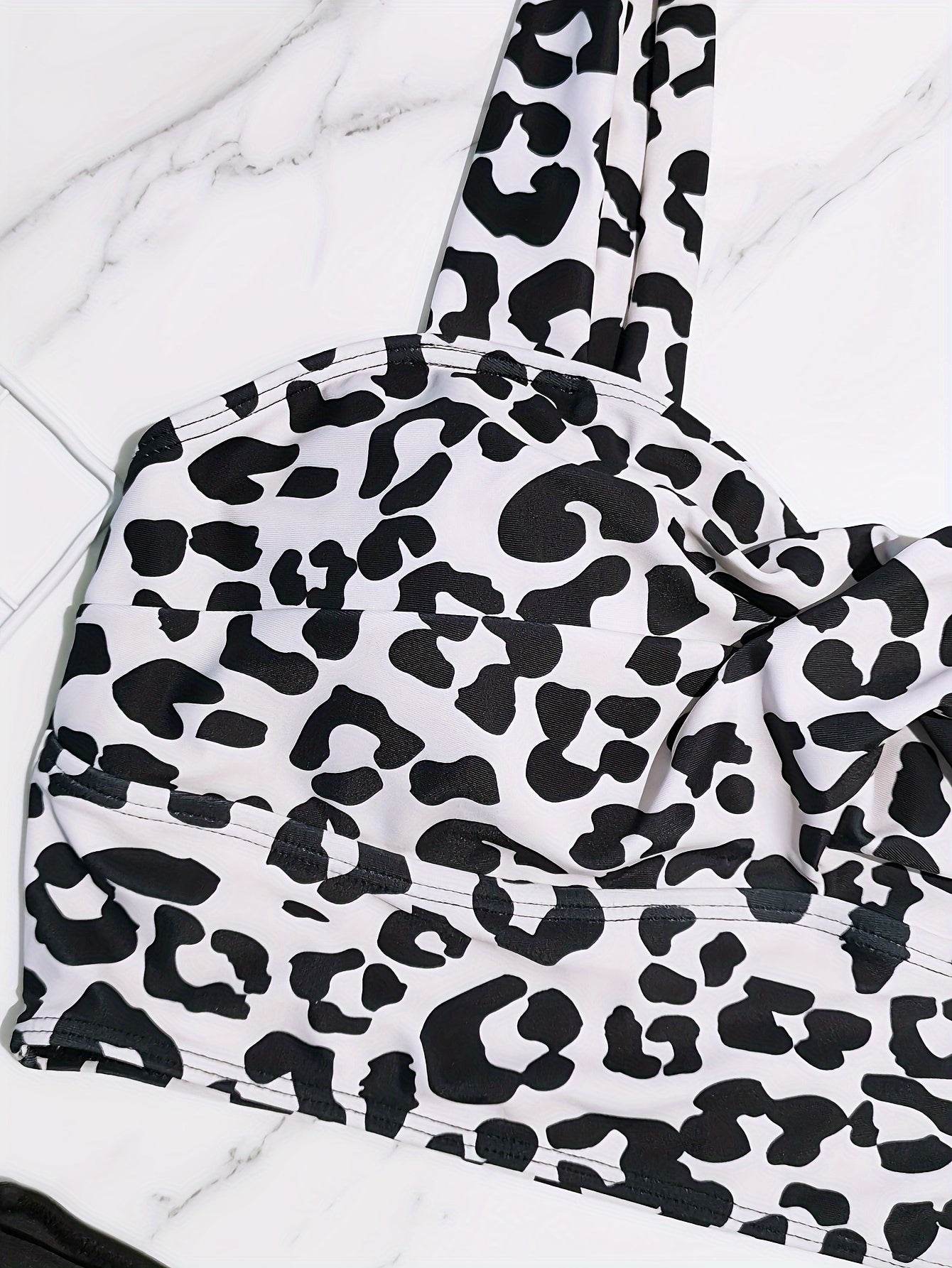 Leopard Print Ruched Bra & Solid High Rise Panty Swimsuit Set