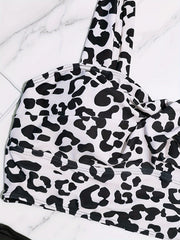 Leopard Print Ruched Bra & Solid High Rise Panty Swimsuit Set