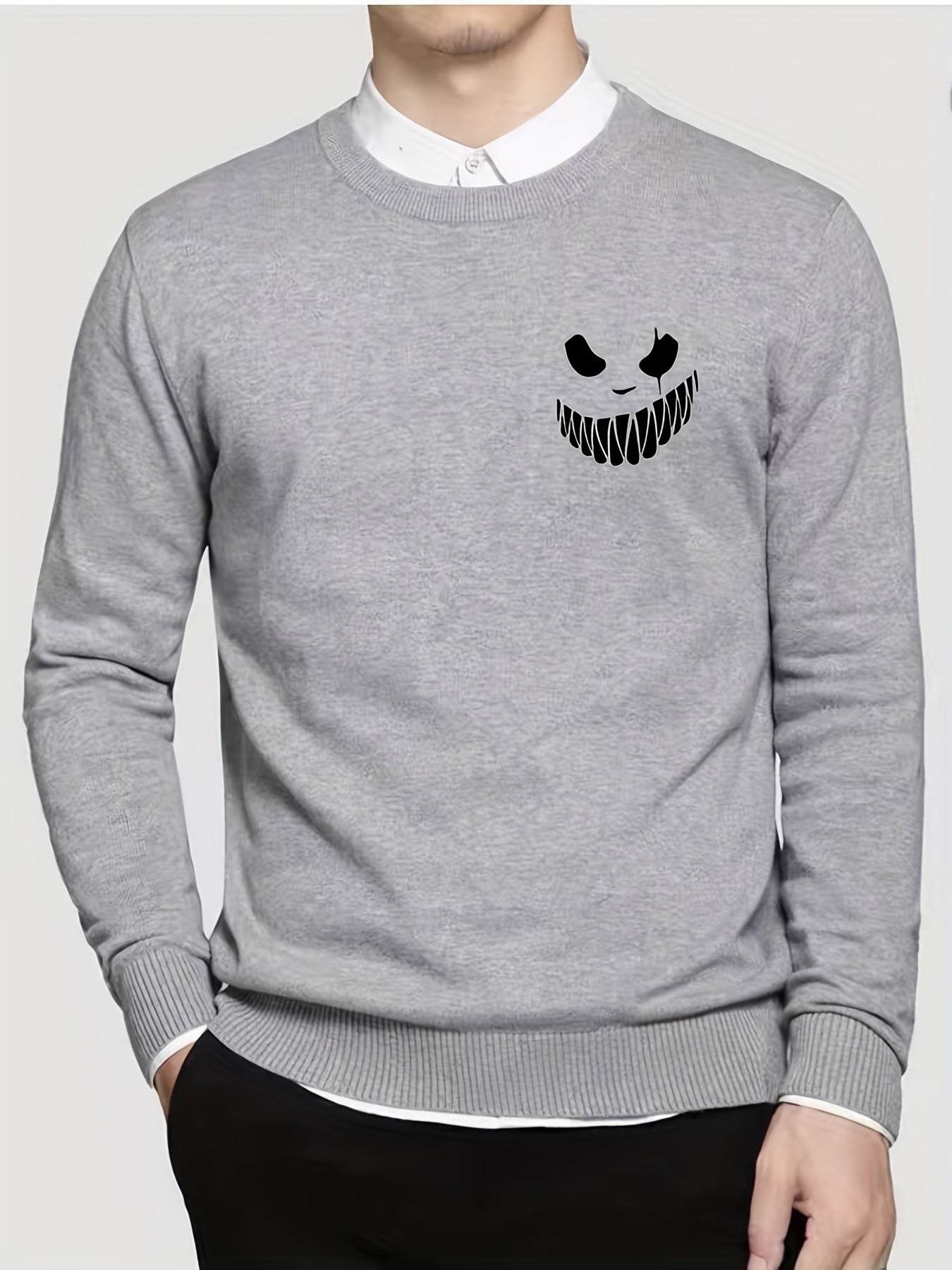 Men's Knitted Sweater Monster Face Pattern Warm Crew Neck Pullover