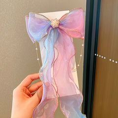 Baby Girls Mesh Bow Ribbon Hair Clips With Pearl Tassel