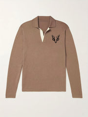 Antlers Pattern Knit Polo Shirt Men's Casual Lapel Middle Stretch V Neck Pullove