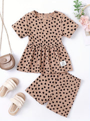 Girls Heart Graphic Peplum Crew Neck T Shirt Top & Shorts Set
