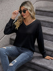 Solid V Neck Sweatshirt Eyelet Sleeve Spring Fall Women's Clothing