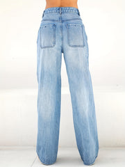 High Waist Wide Leg Jeans Slash Pockets High Rise Straight Jeans Women's Denim