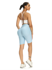 High Waist Seersucker Yoga Shorts for Women