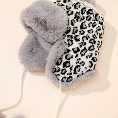 Leopard Print Fleece Lined Hat with Pom Pom