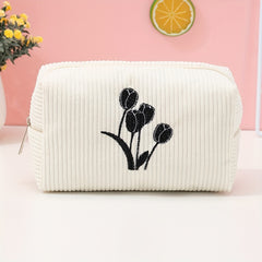 Tulip Embroidery Square Makeup Bag Roomy Zipper Toiletry Bag