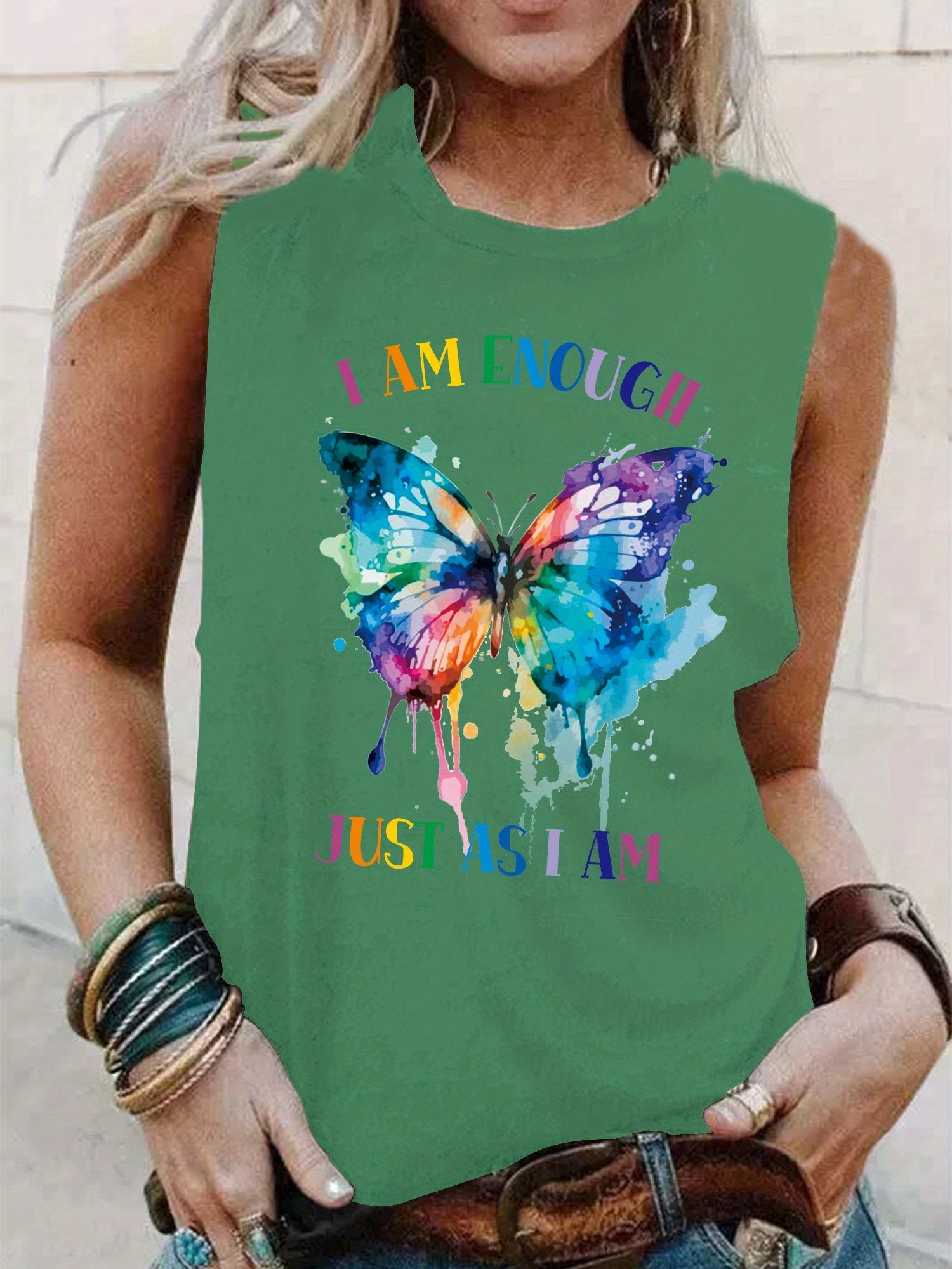 Butterfly Print Tank Top Sleeveless Crew Neck Casual Top