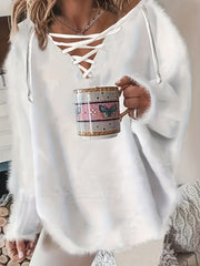 Solid Eyelash Bat Sleeve Lace Up Jumper