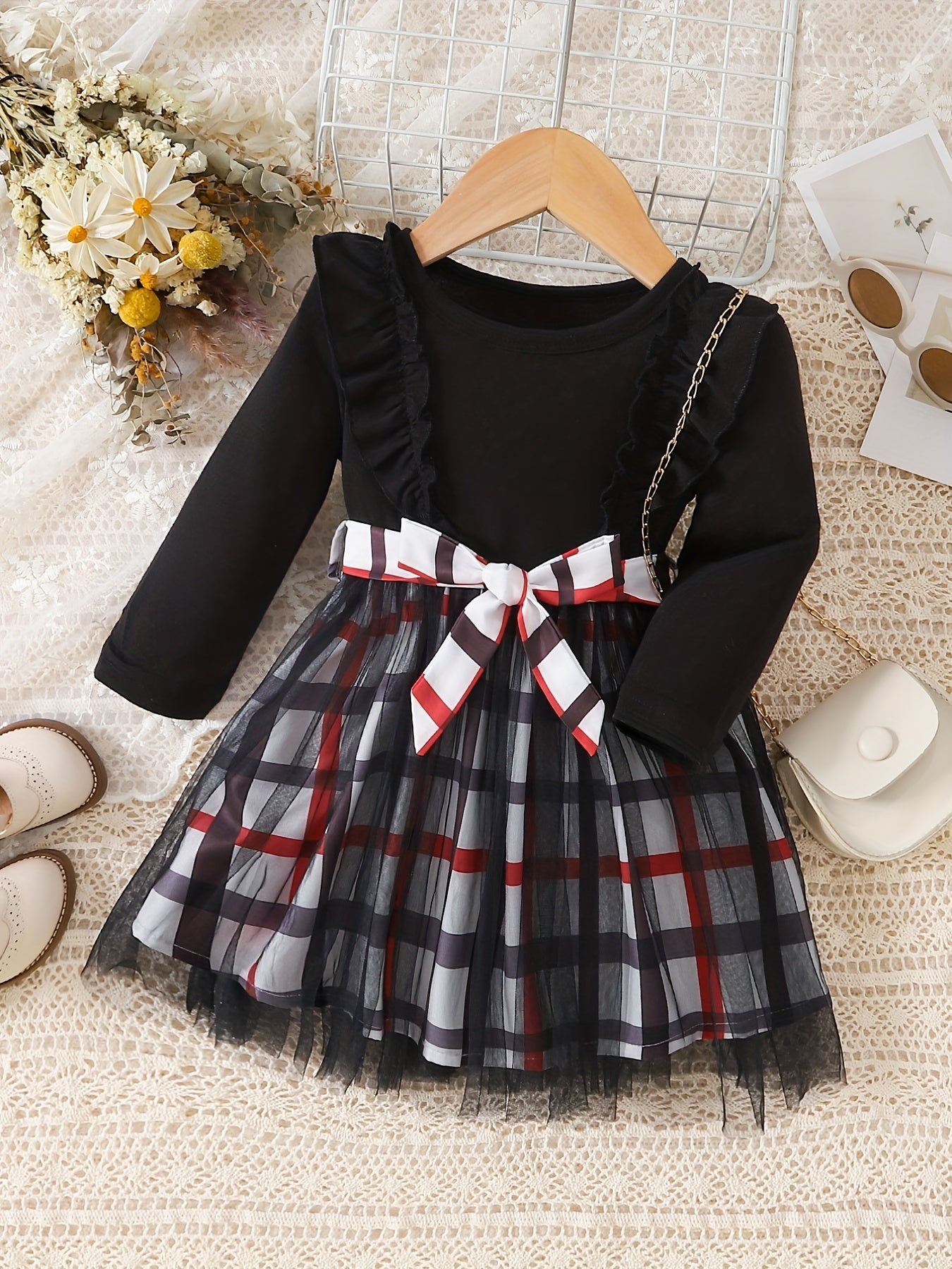 Baby Girls Plaid Patchwork Tulle Dress Princess Party Ball Gown Dress