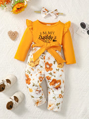Baby Girls Letter Print Creeper Romper Top Floral Pants Set